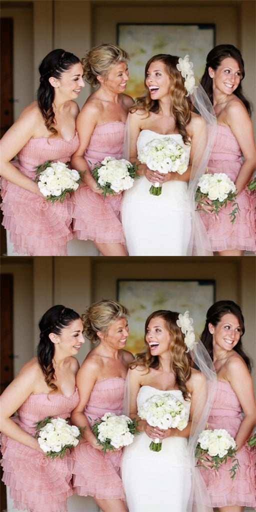 Sweetheart Sleeveless Pink Short Cheap Chiffon Bridesmaid Dresses with Handmade Flower, QB0135