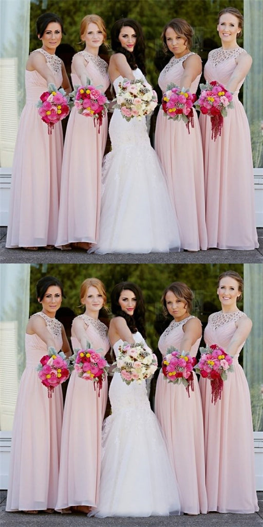 Elegant Round Neck Long Cheap Pink Chiffon Bridesmaid Dresses Online, QB0174