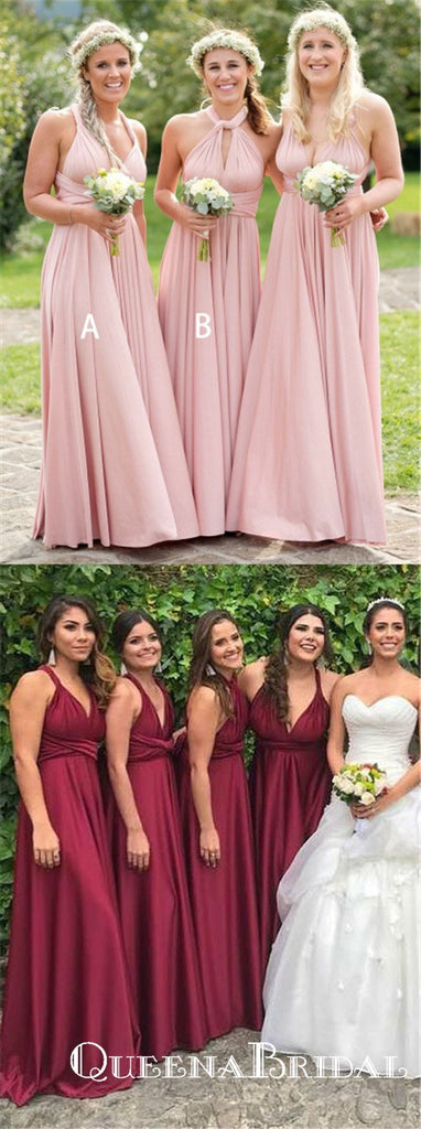 A-Line V-Neck Floor Length Pleated Pink Cheap Bridesmaid Dresses, QB0845