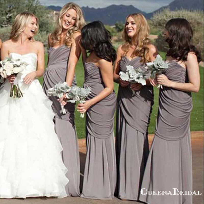 Mermaid Sweetheart Ruched Grey Elastic Satin Long Bridesmaid Dresses, QB0843