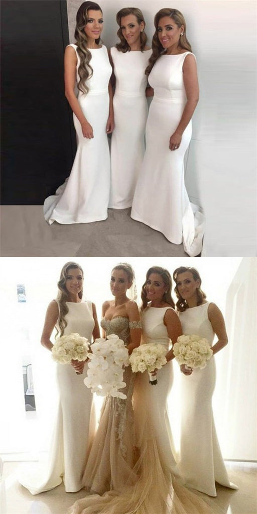 Mermaid Bateau Sleeveless Long Cheap White Satin Bridesmaid Dresses Online, QB0133