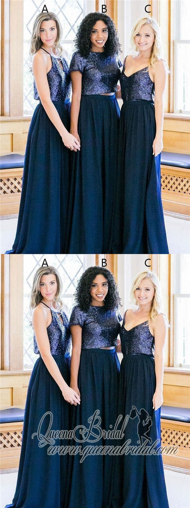 Cheap Mismatched Navy Sequin Custom Long Bridesmaid Dresses, WG232