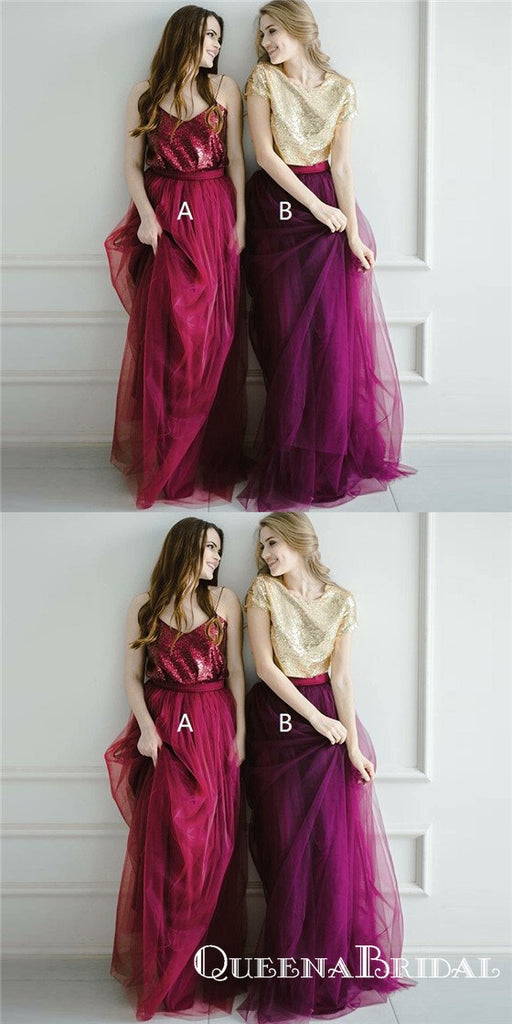 A-Line Spaghetti Straps Dark Red Bridesmaid Dresses with Sequins, QB0808