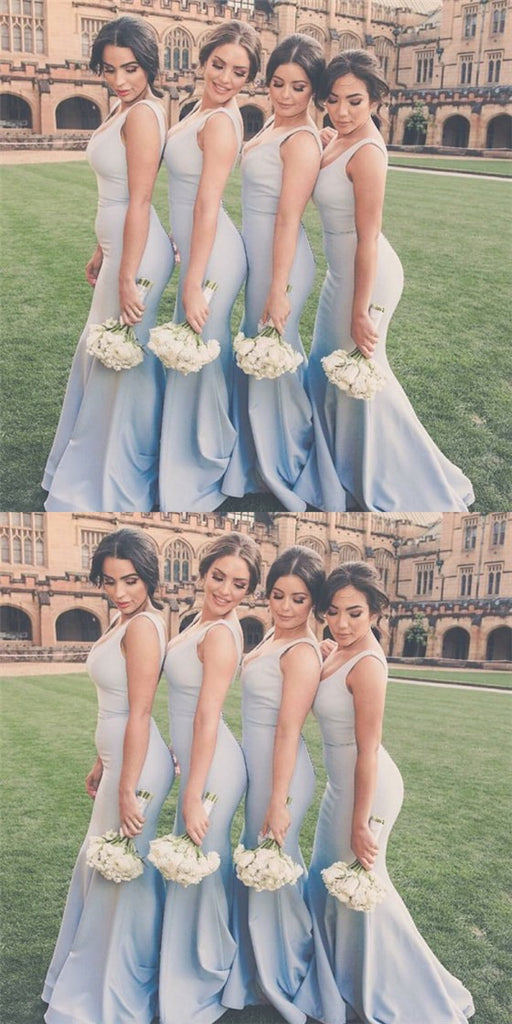 Sexy Deep V-Neck Mermaid Light Blue Satin Long Cheap Bridesmaid Dresses Online, QB0019