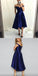 Off-Shoulder High Low Dark Blue Satin Cheap Bridesmaid Dresses with Pockets, QB0138