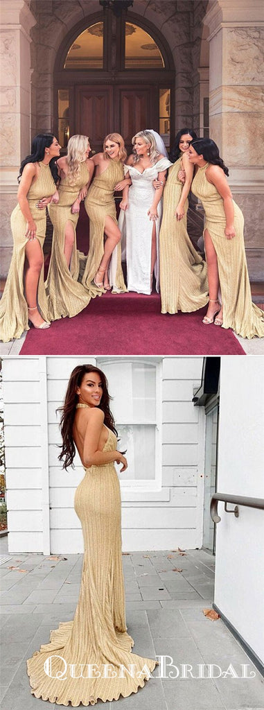 Sheath Halter Backless Long Gold Bridesmaid Dresses with Split, QB0708