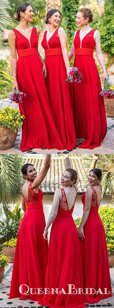 A-Line V-Neck Red Chiffon Long Cheap Bridesmaid Dresses with Applique, QB0847