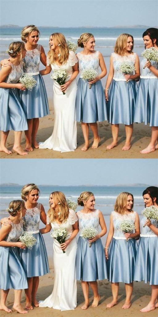 Elegant Round Neck Sky Blue Short Cheap Satin Bridesmaid Dresses with Lace, QB0169