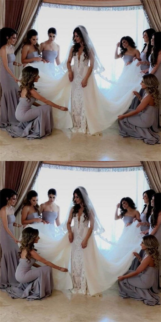 Mermaid Strapless Long Cheap  Grey Satin Bridesmaid Dresses Online, QB0203