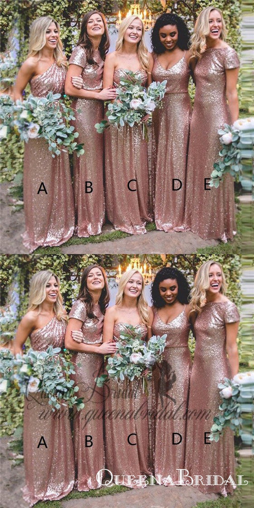 Mismatched Long Cheap Rose Gold Sequined Bridesmaid Dresses, QB0487