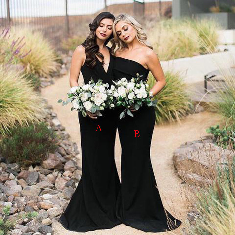 Mismatched Black Satin Memaid Long Cheap Wedding Party Bridesmaid Dresses, BDS0014