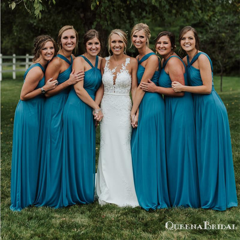 Charming Halter Blue Chiffon A-line Long Cheap Bridesmaid Dresses Online, BDS0077