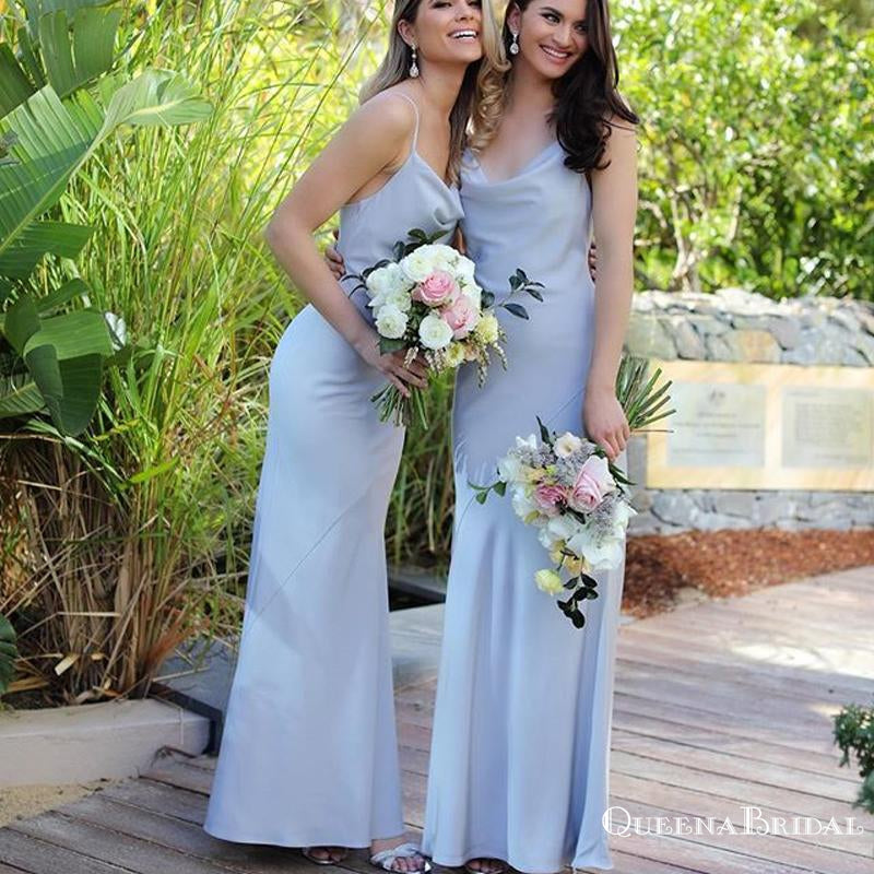 Simple Charming Spaghetti Strap Blue Elastic Slik Mermaid Long Cheap Bridesmaid Dresses, BDS0045