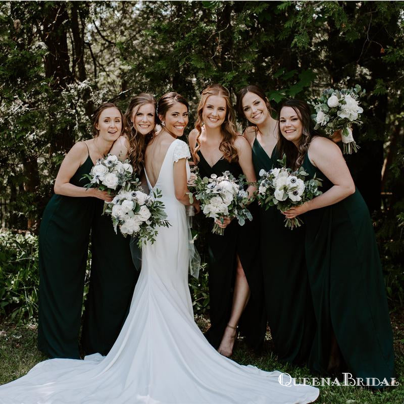 Simple V-neck Dark Green Long Cheap Charming Bridesmaid Dresses Online, BDS0064