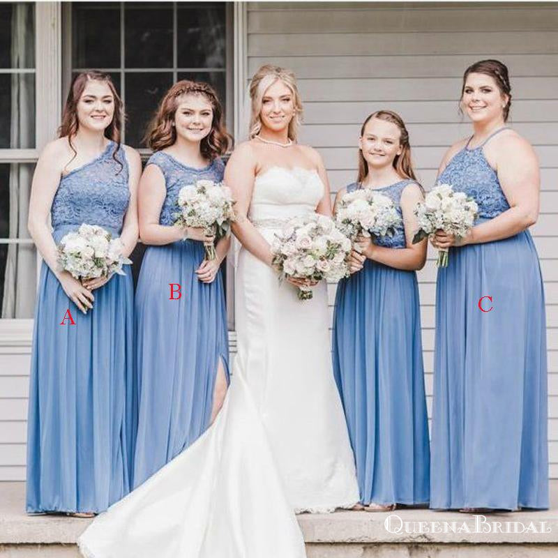 Charming Mismatched Blue Chiffon Top Lace Appliqued A-line Long Cheap Bridesmaid Dresses, BDS0050