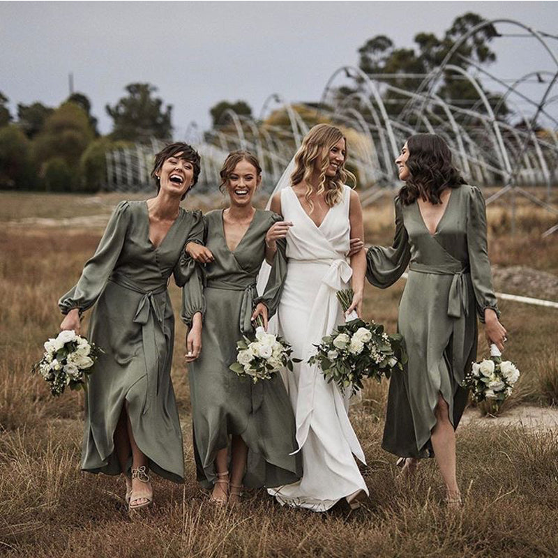 Long Sleeves V-neck Green Tea Length Cheap Bridesmaid Dresses, BDS0116