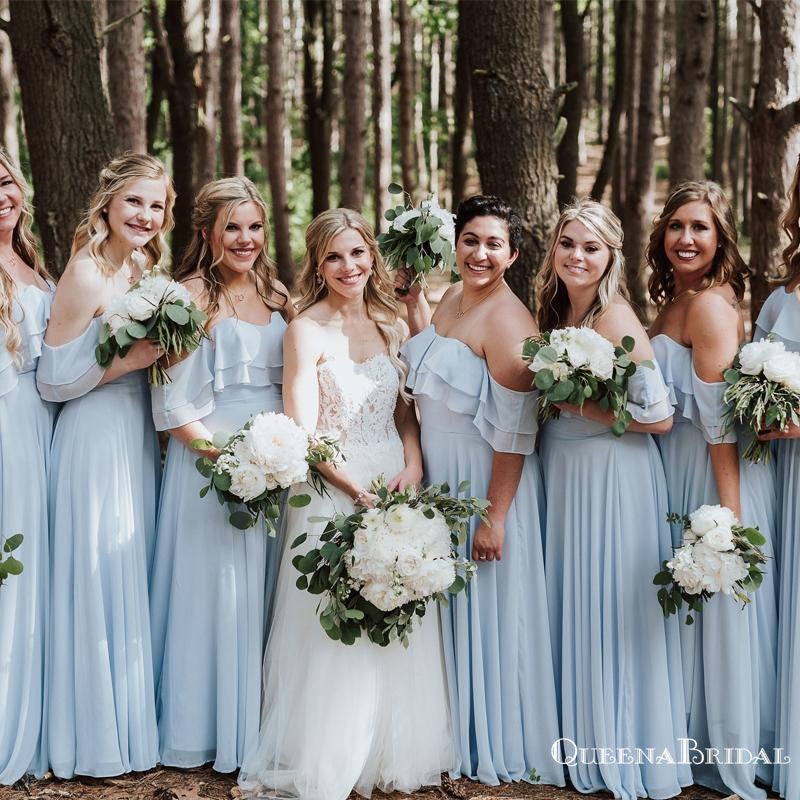 Newest Off-Shoulder Light Blue Chiffon A-line Long Cheap Bridesmaid Dresses Online, BDS0076