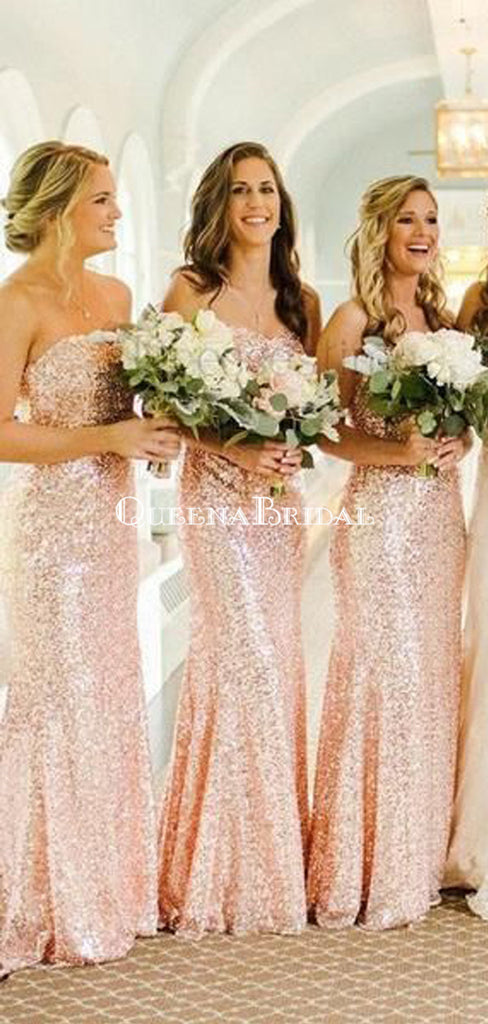 Rose Gold Sequin Mermaid Custom Long Bridesmaid Dresses, WG227