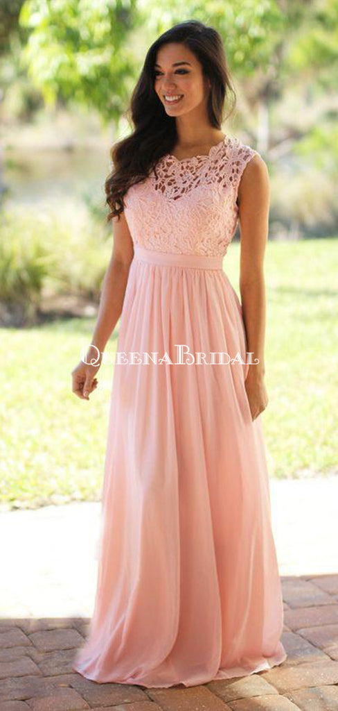 Elegant Lace Floor-Length Applique Blush Pink Long Formal Cheap Chiffon Bridesmaid Dresses, WG35