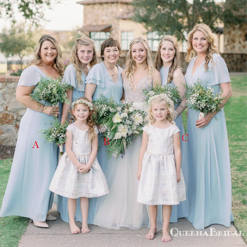 Mismatched Light Blue Chiffon A-line Long Cheap Floor-Length Bridesmaid Dresses, BDS0030