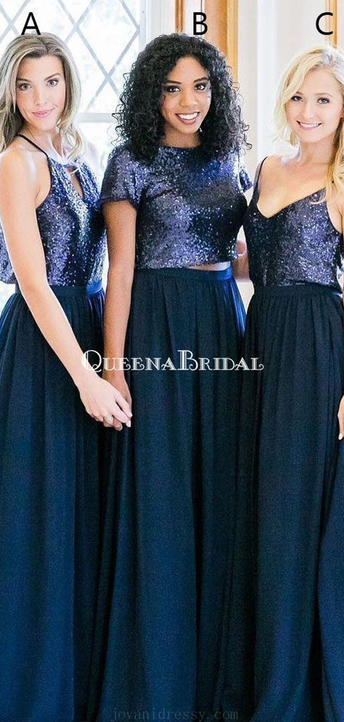 Cheap Mismatched Navy Sequin Custom Long Bridesmaid Dresses, WG232