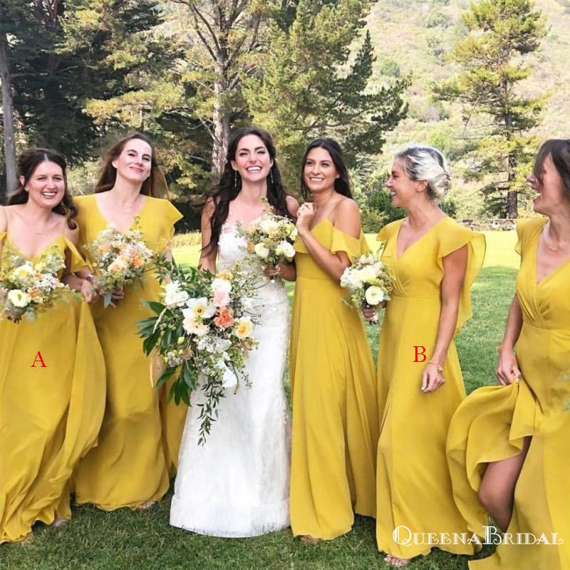 Mismatched Charming Yellow Chiffon A-line Long Cheap Bridesmaid Dresses Online, BDS0075