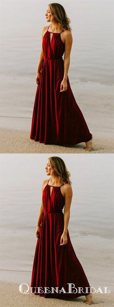 A-Line Square Neck Red Chiffon Long Cheap Bridesmaid Dresses, QB0844