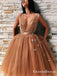 Chic V-Neck Sleeveless Brown Tulle Short Homecoming Dresses With Applique, QB0836