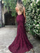 Burgundy Spaghetti Strap V-neck Mermaid Lace Prom Dresses Online, QB0272