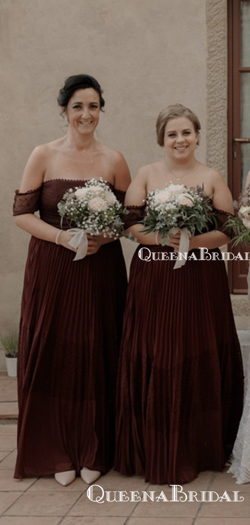 Off-The-Shoulder Charming Burgundy Chiffon A-line Long Cheap Bridesmaid Dresses With Appliqued, BDS0009