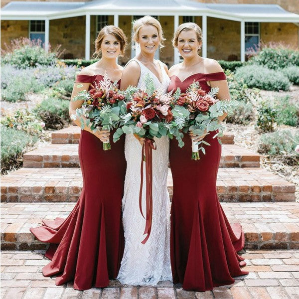 Burgundy Off Shoulder Long Mermaid Cheap Satin Bridesmaid Dresses Online, QB0022