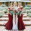 Burgundy Off Shoulder Long Mermaid Cheap Satin Bridesmaid Dresses Online, QB0022