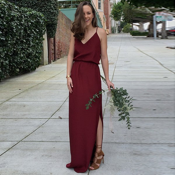 Elegant V-Neck Long Cheap Spaghetti Strap Burgundy Bridesmaid Dresses Online, QB0008