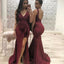 Mermaid V-Neck Split Front Backless Burgundy Bridesmaid Dresses with Ruffles, QB0025