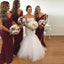 Mermaid Off-Shoulder Long Cheap Burgundy Lace Bridesmaid Dresses Online, QB0120