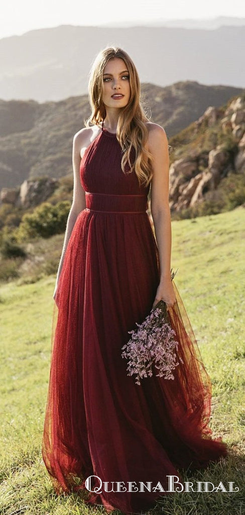 Mismatched Straps Burgundy Tulle Long Cheap Bridesmaid Dresses, QB0873