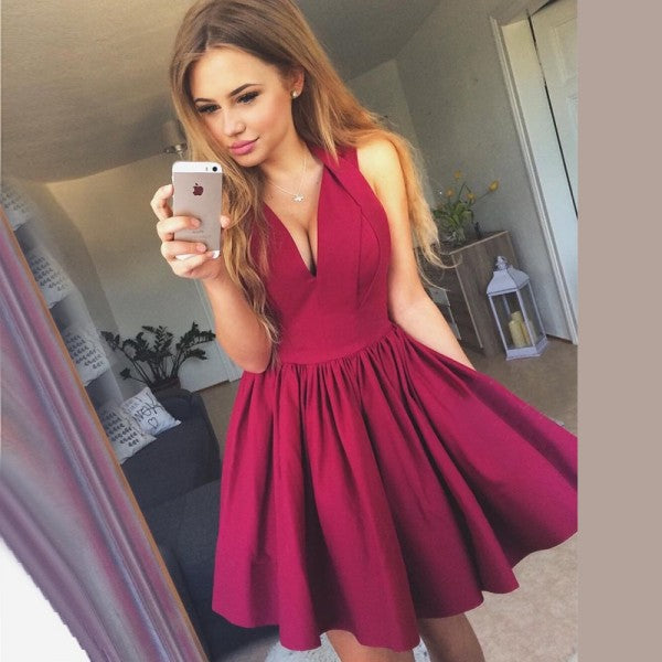 Simple A-Line V-Neck Short Cheap Burgundy Zipper Homecoming Dresses, QB0051