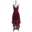 Elegant V-Neck Asymmetrical Burgundy Lace Bridesmaid Dresses Online, QB0144