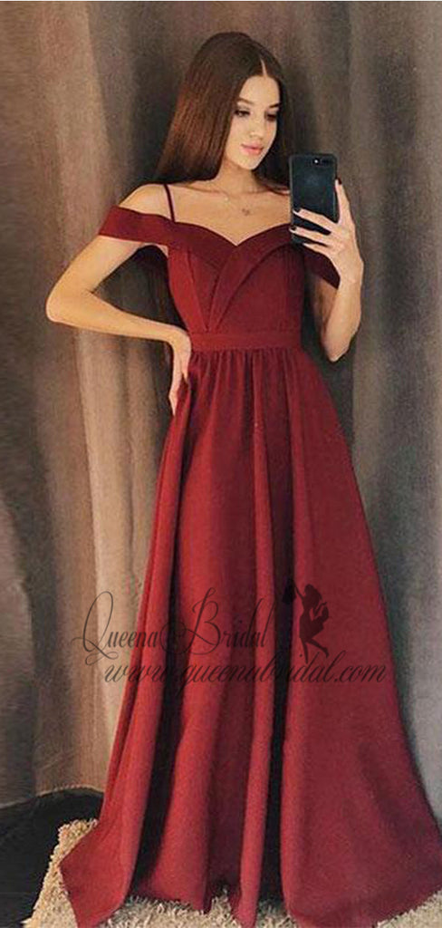 Burgundy Side Slit Spaghetti Straps Simple Long Evening Prom Dresses, QB0417