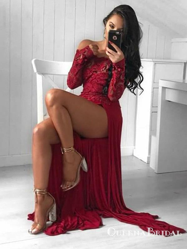 A-Line Off-Shoulder Long Sleeves Dark Red Prom Dresses with Lace, QB0507