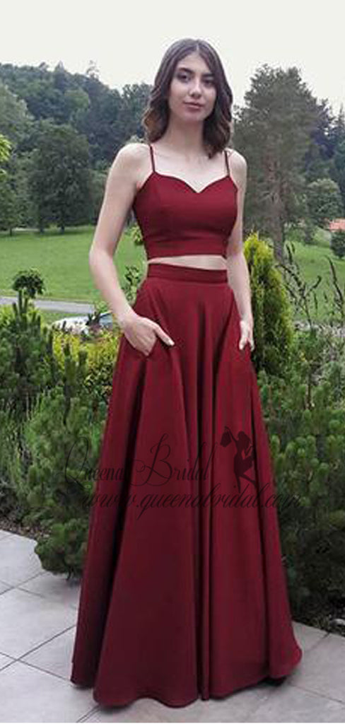 Two Pieces Burgundy Spaghetti Strap Long Cheap Prom Dresses, QB0462