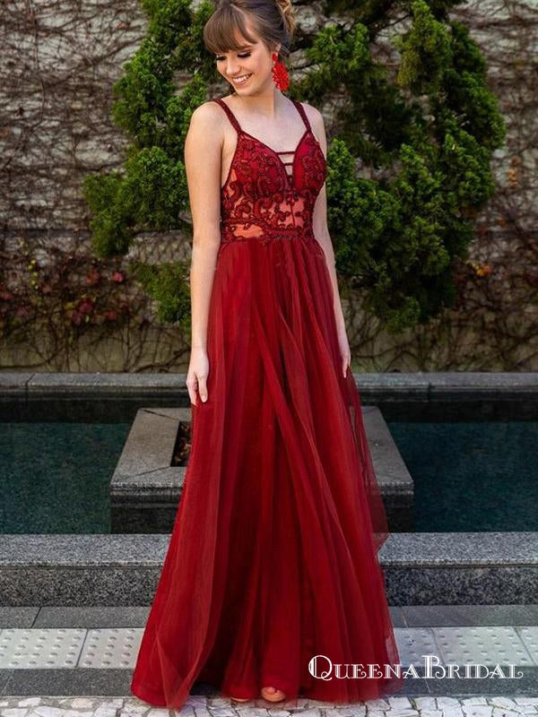 Stunning A-Line V Neck Open Back Burgundy Tulle Long Prom Dresses with Lace, QB0569