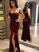 Burgundy Spaghetti Strap Side Slit Mermaid Evening Dresses Prom Dresses, QB0717