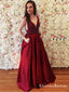 A-Line V-Neck Long Burgundy Satin Prom Dresses with Beading Pockets, QB0550