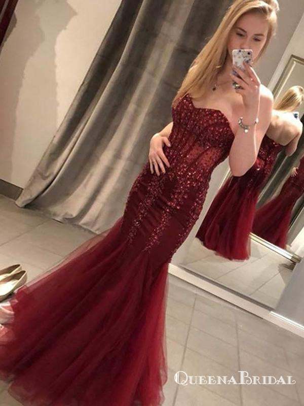 Charming Mermaid Sweetheart Long Burgundy Prom Dresses with Appliques, QB0527