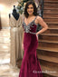 Mermaid Spaghetti Straps Backless Burgundy Prom Dresses with Beading, QB0526