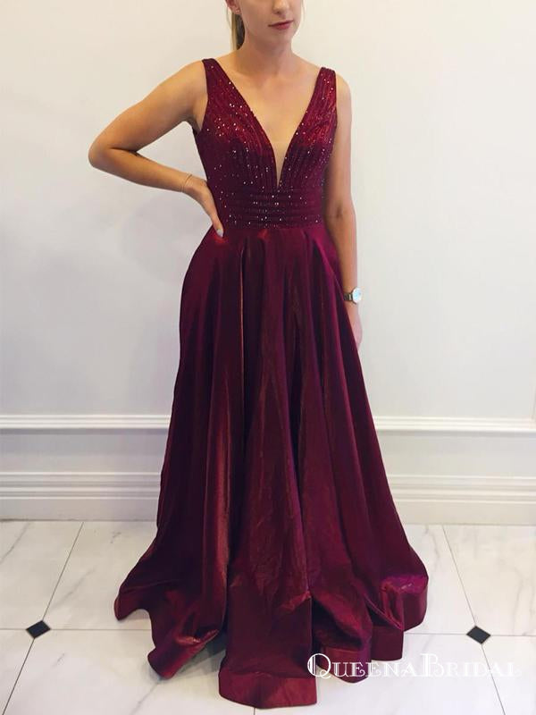 Charming V-neck Long Cheap Burgundy Prom Dresses with Beaded, QB0762