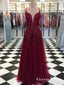 Deep V Neck Burgundy Long Appliques Evening Party Prom Dresses, QB0756