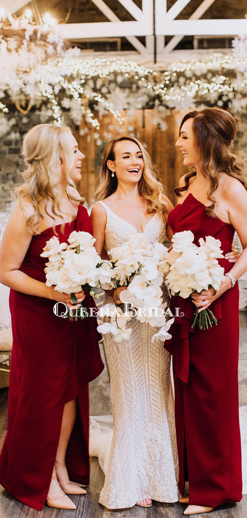 Newest Strapless Burgundy Satin Side Slit Long Cheap Bridesmaid Dresses, BDS0121