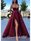 Burgundy A-line Spaghetti Straps High Slit Maxi Long Evening Prom Dresses, WGP266